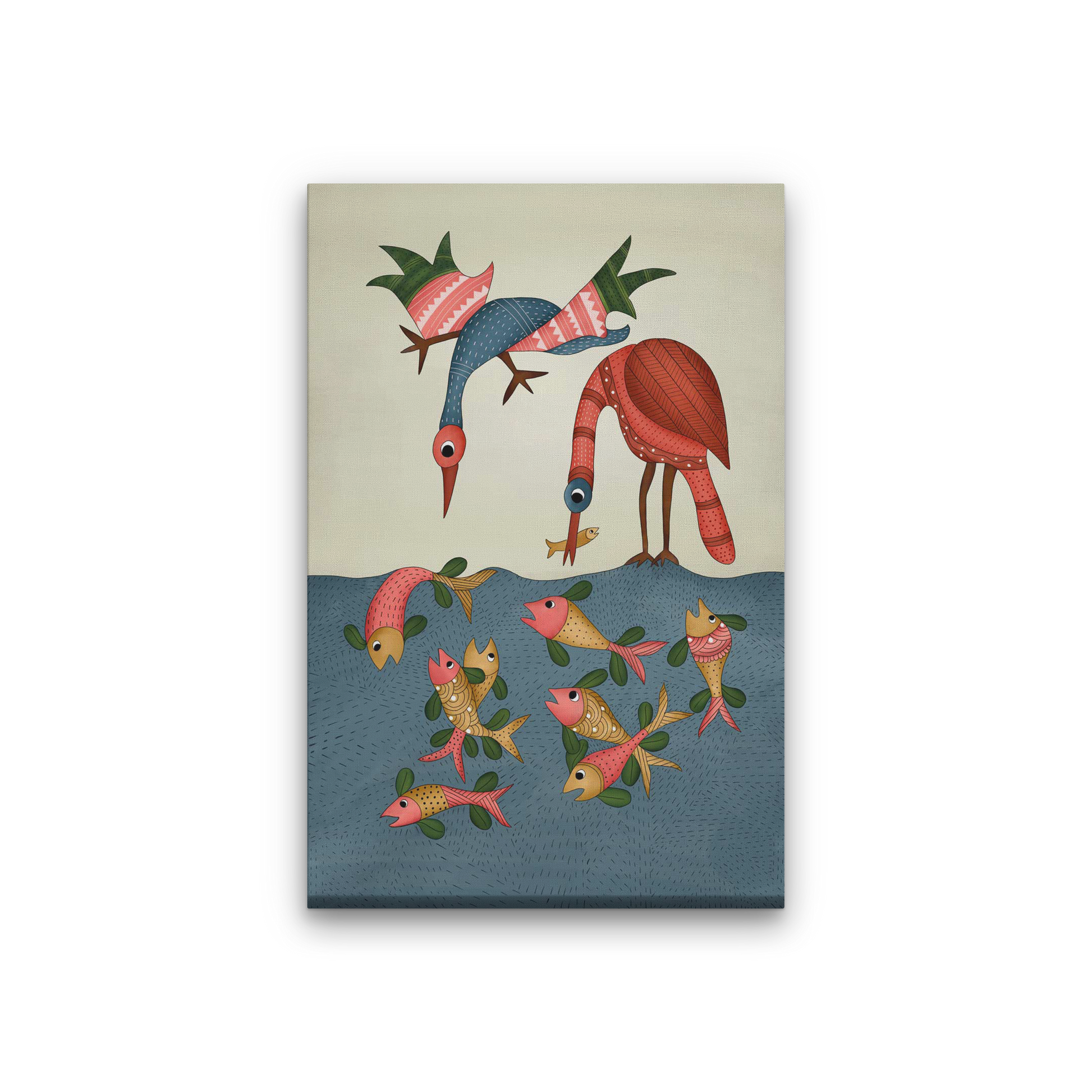 Multicolored Gond Painting Birds Painting 2 : 3 Vertical Premium Wall Art Canvas by MeriDeewar