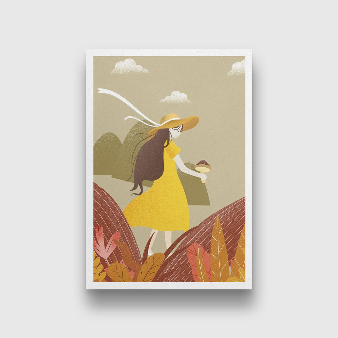 Mushroom Picking Girl Wall Art Painting - Meri Deewar 2 : 3 Vertical Premium Wall Art Canvas by MeriDeewar