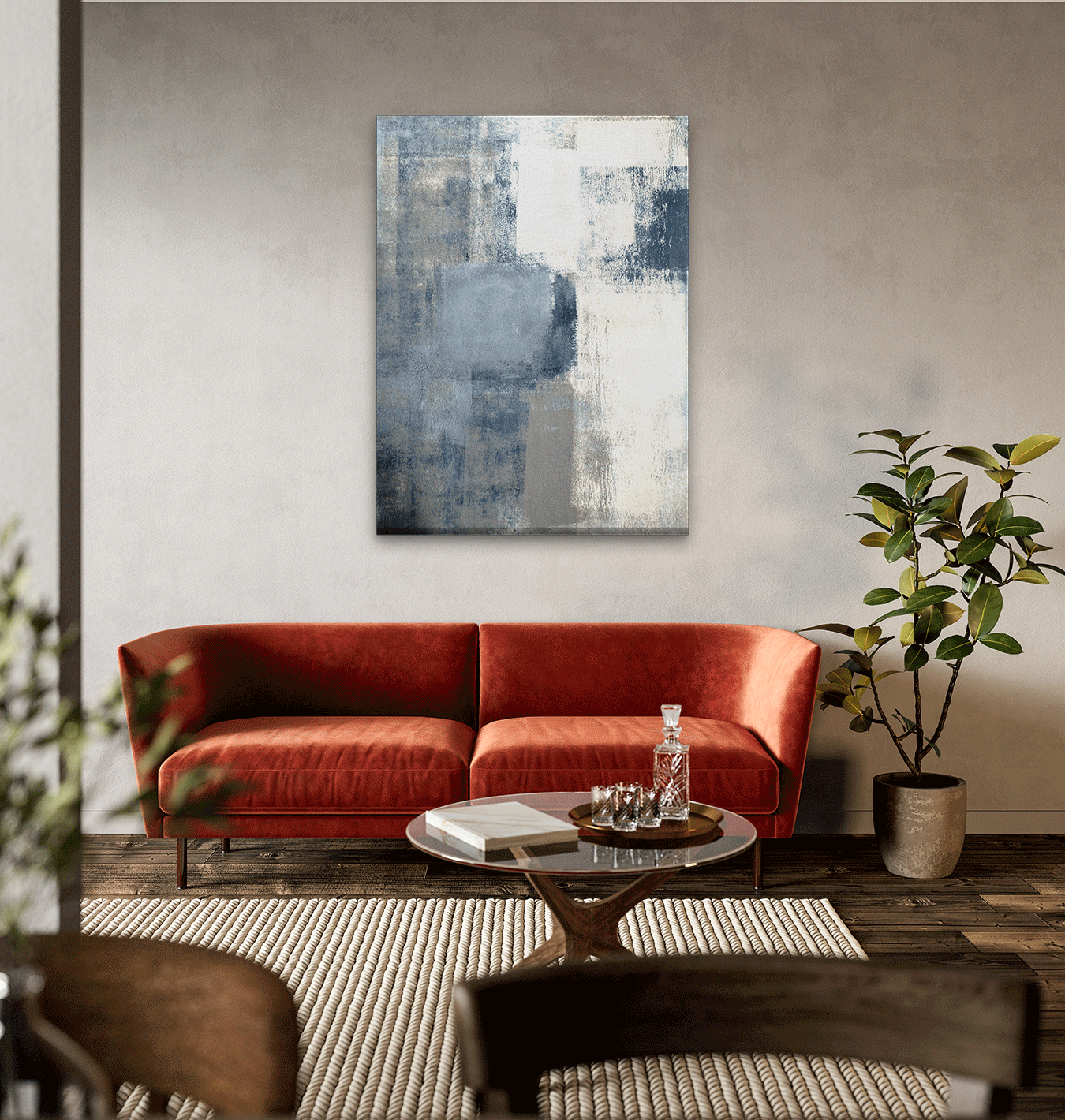 Navy Raw & Blue White Abstract Paintings 3 : 4 Vertical Premium Wall Art Canvas by MeriDeewar