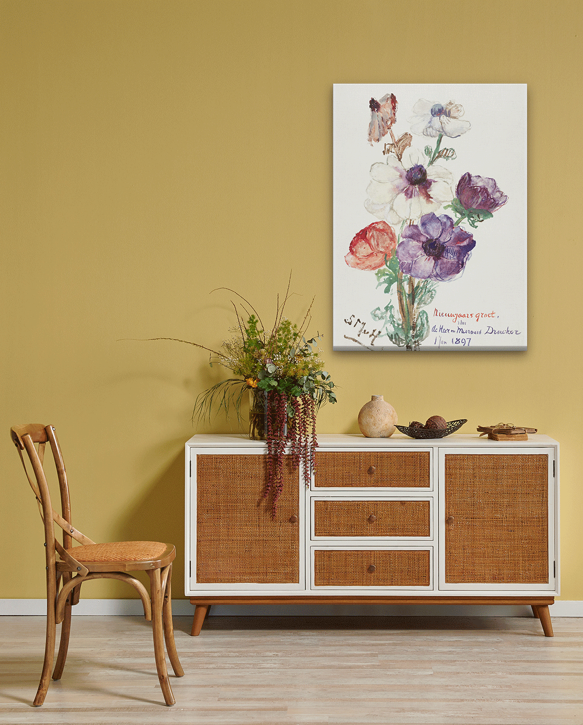 New Year's Greeting with Anemones Painting 2 : 3 Vertical Premium Wall Art Canvas by MeriDeewar