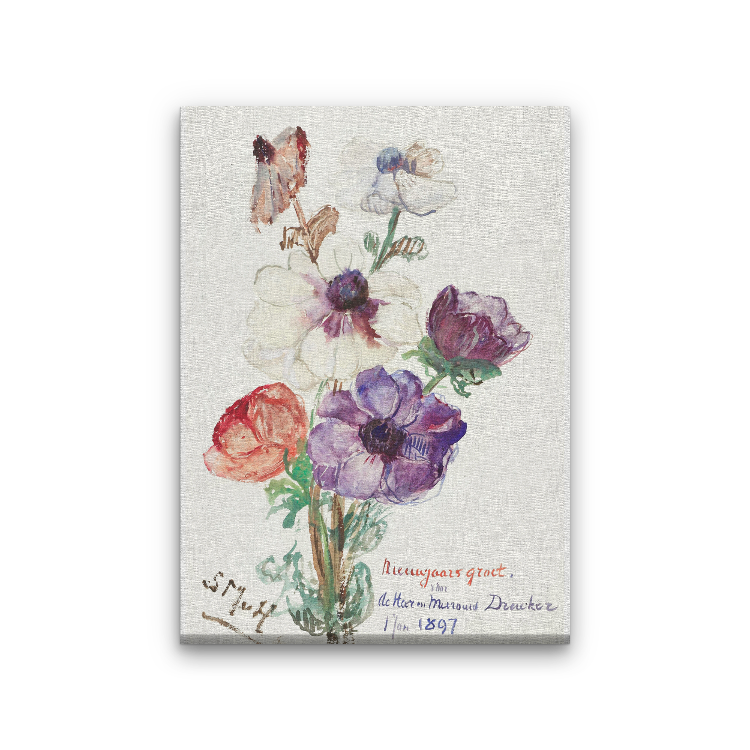 New Year's Greeting with Anemones Painting 2 : 3 Vertical Premium Wall Art Canvas by MeriDeewar