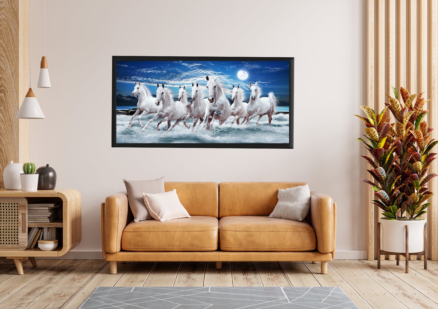 Ocean Seven Running Horses Painting - Meri Deewar 2 : 1 Horizontal Premium Wall Art Canvas by MeriDeewar