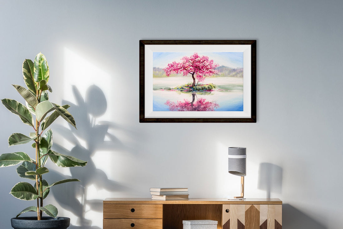 oil painting landscape, oriental cherry tree, sakura on the lake - Meri Deewar 3 : 2 Horizontal Premium Wall Art Canvas by MeriDeewar