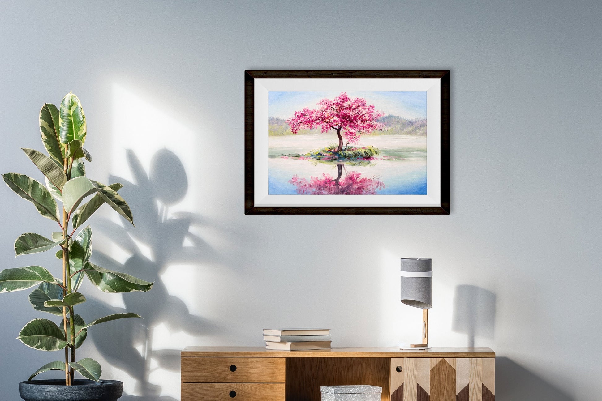 oil painting landscape, oriental cherry tree, sakura on the lake - Meri Deewar 3 : 2 Horizontal Premium Wall Art Canvas by MeriDeewar