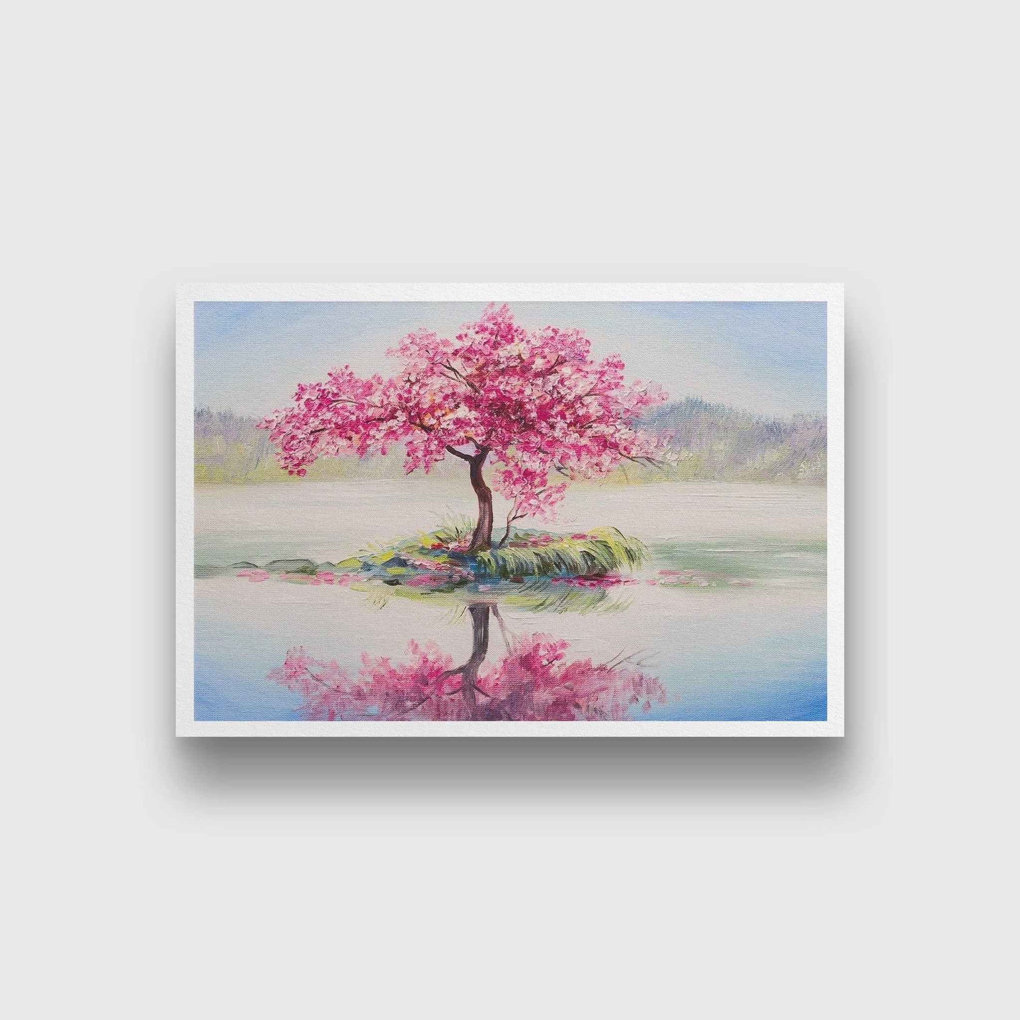 oil painting landscape, oriental cherry tree, sakura on the lake - Meri Deewar 3 : 2 Horizontal Premium Wall Art Canvas by MeriDeewar