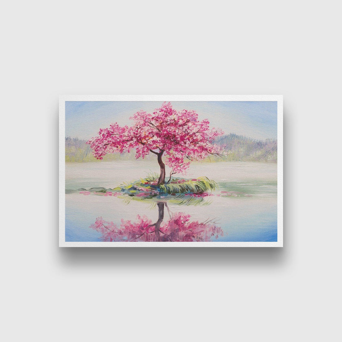 oil painting landscape, oriental cherry tree, sakura on the lake - Meri Deewar 3 : 2 Horizontal Premium Wall Art Canvas by MeriDeewar