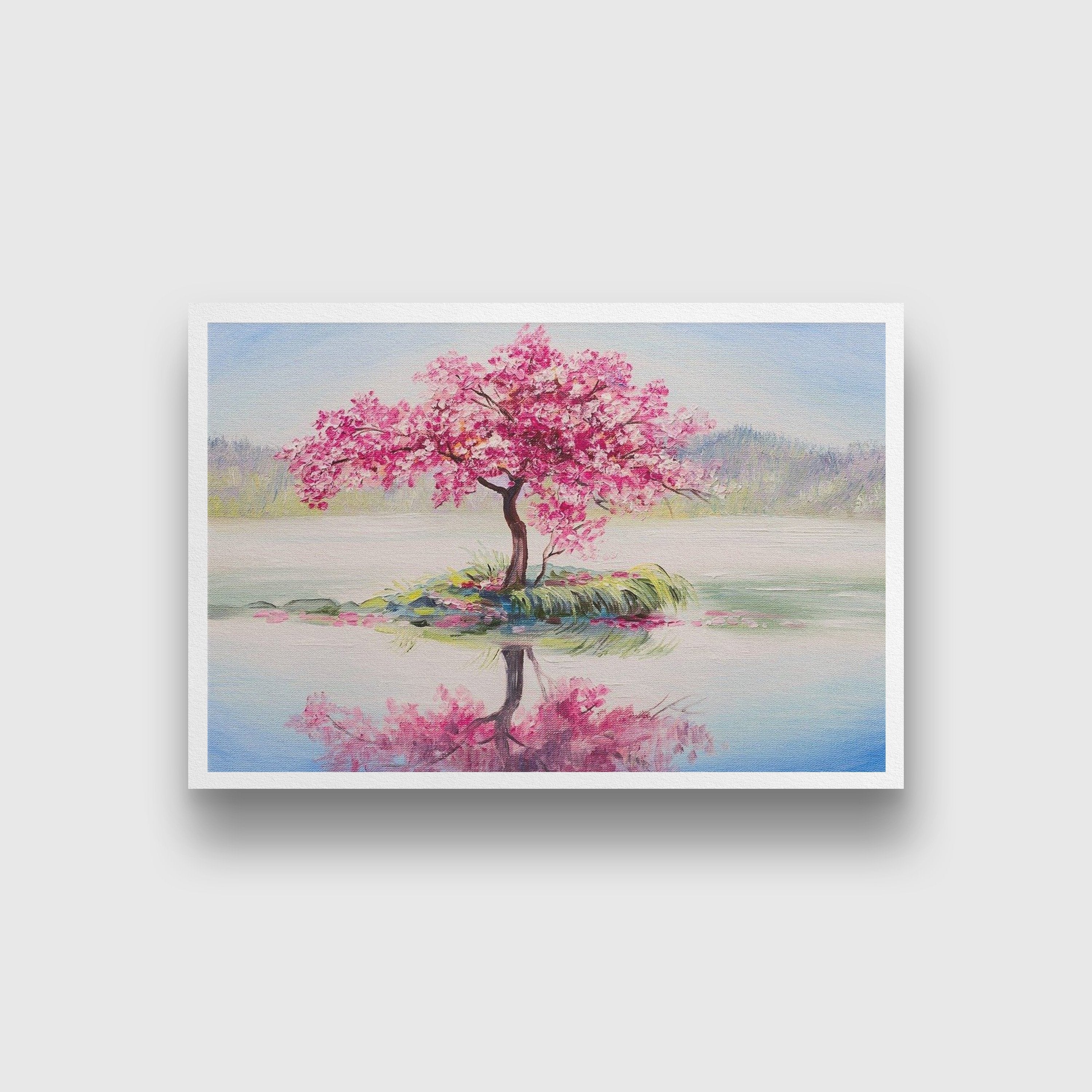 oil painting landscape, oriental cherry tree, sakura on the lake - Meri Deewar 3 : 2 Horizontal Premium Wall Art Canvas by MeriDeewar