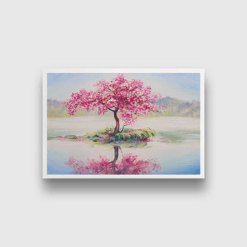 oil painting landscape, oriental cherry tree, sakura on the lake - Meri Deewar 3 : 2 Horizontal Premium Wall Art Canvas by MeriDeewar
