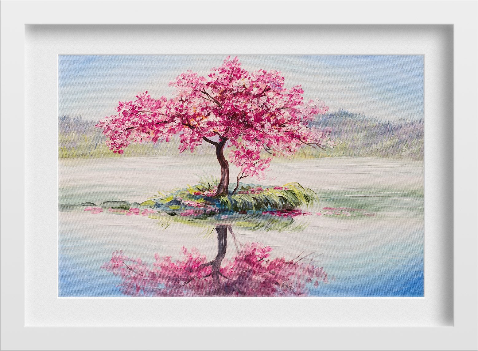 oil painting landscape, oriental cherry tree, sakura on the lake - Meri Deewar 3 : 2 Horizontal Premium Wall Art Canvas by MeriDeewar