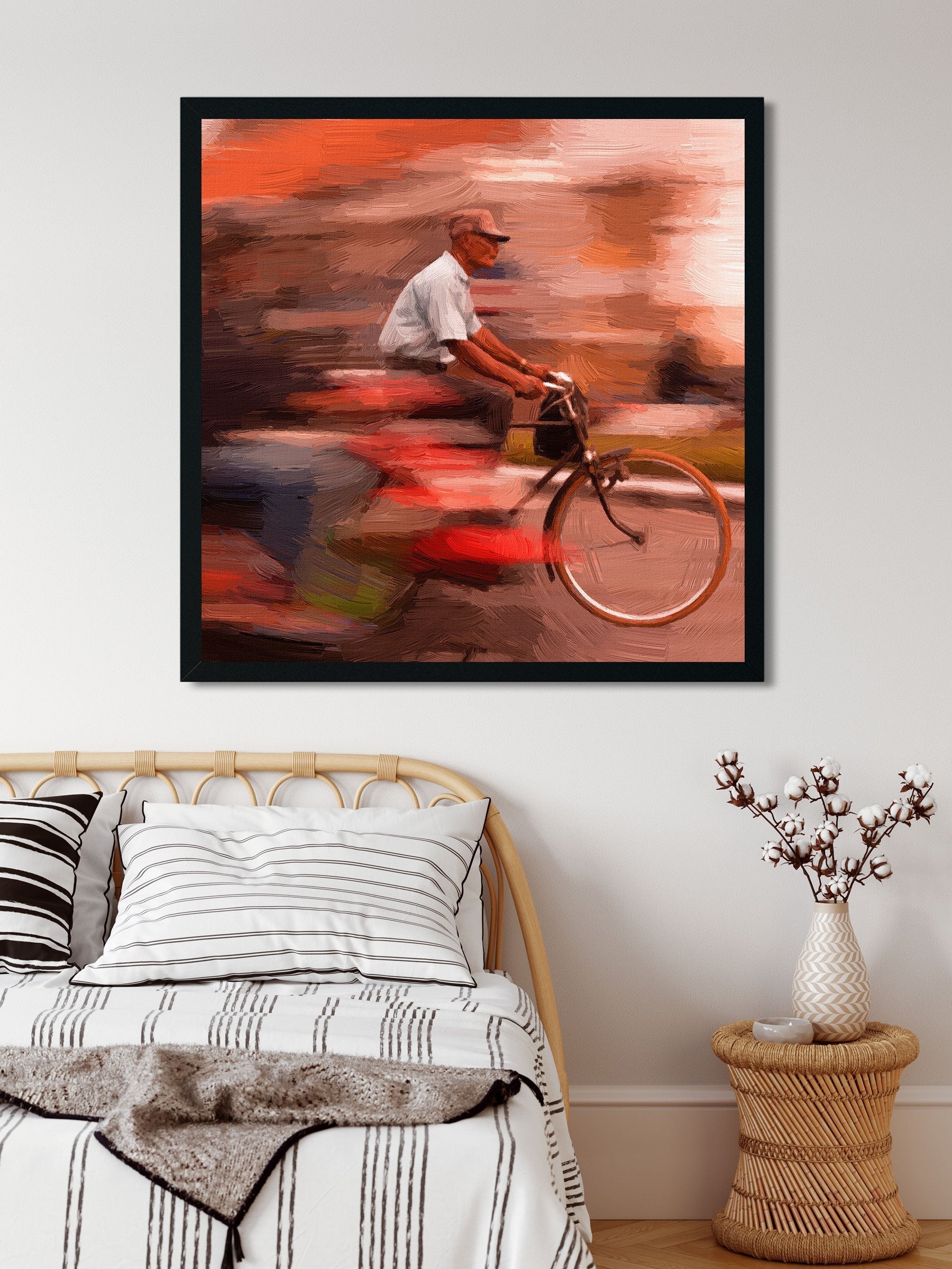 Old Man Riding on Bicycle Painting - Meri Deewar 1 : 1 Square Premium Wall Art Canvas by MeriDeewar