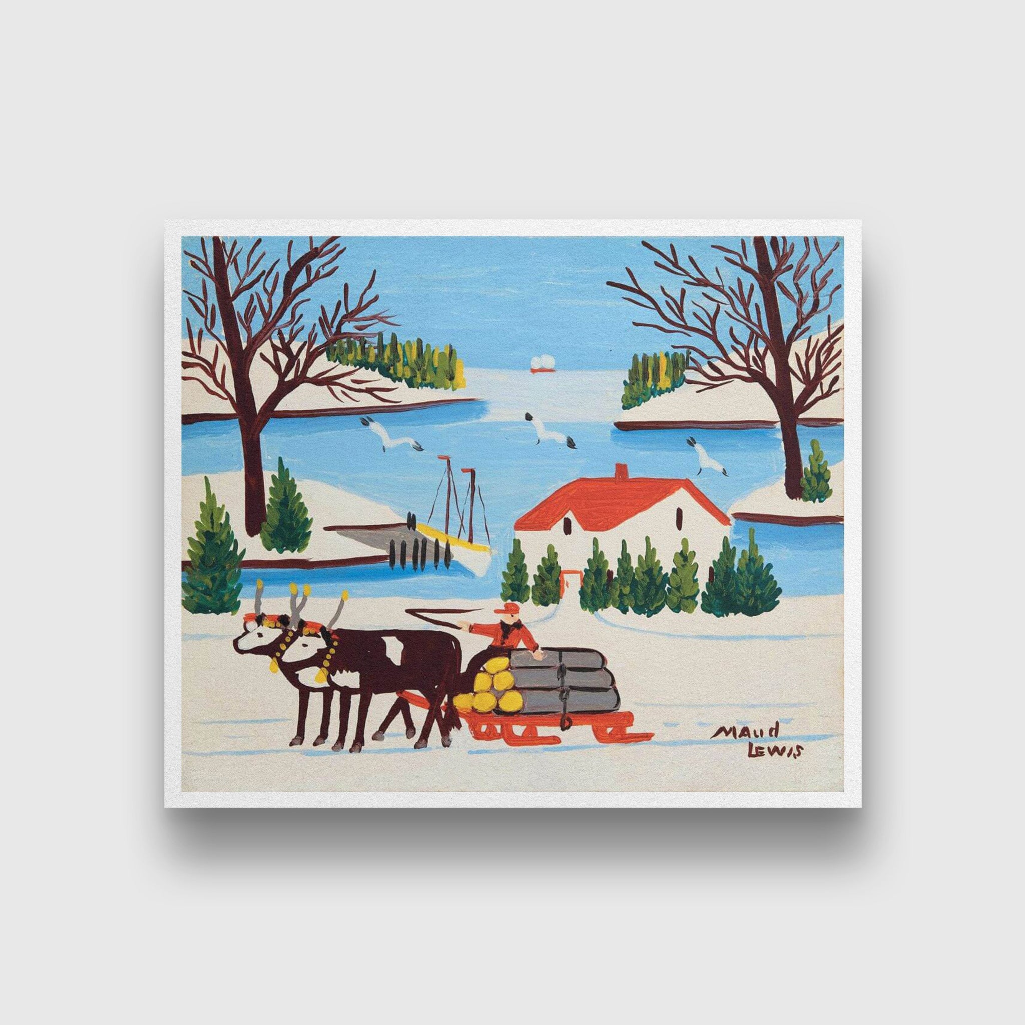 Pair of Oxen with Sled of Logs Painting 1 : 1 Square Premium Wall Art Canvas by MeriDeewar