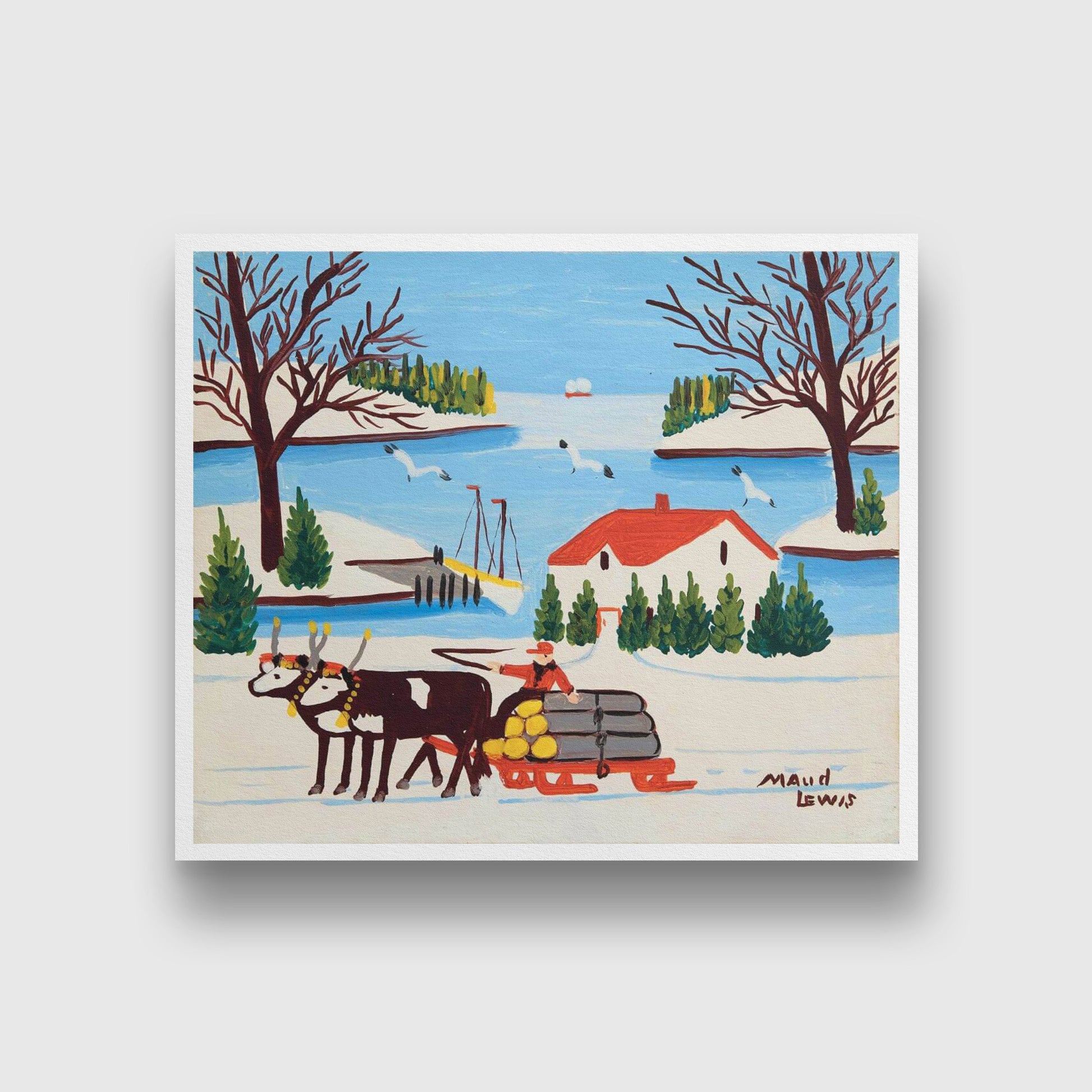 Pair of Oxen with Sled of Logs Painting 1 : 1 Square Premium Wall Art Canvas by MeriDeewar