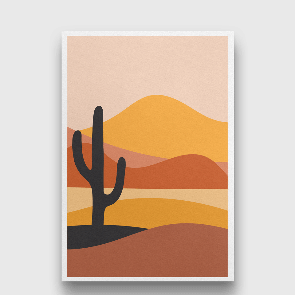 Panorama with sun mountain cactus Painting 2 : 3 Vertical Premium Wall Art Canvas by MeriDeewar