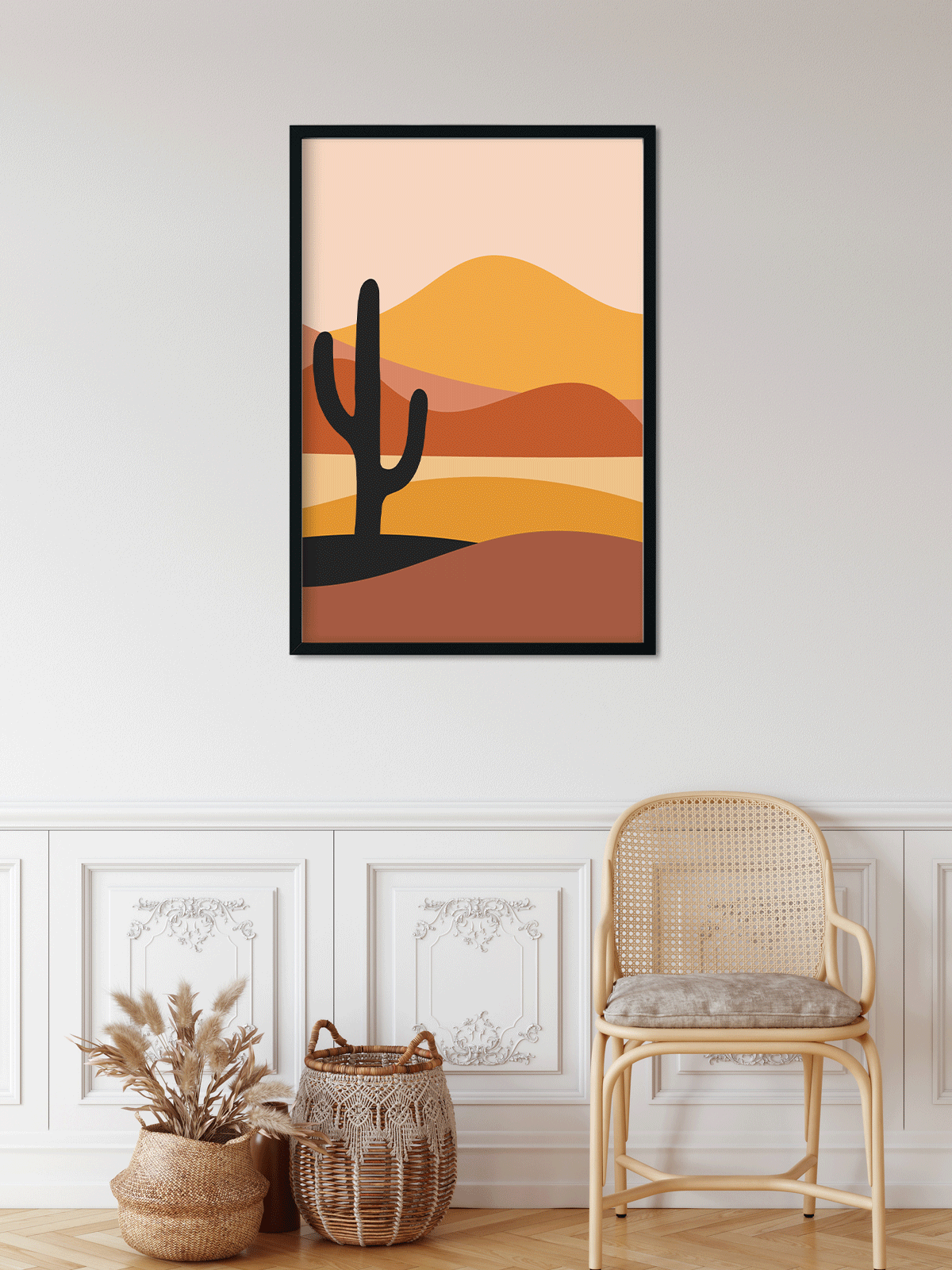 Panorama with sun mountain cactus Painting 2 : 3 Vertical Premium Wall Art Canvas by MeriDeewar