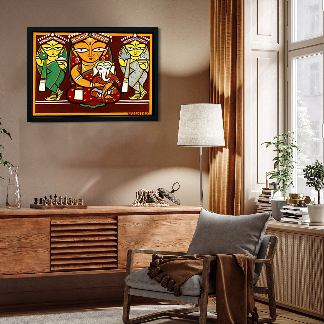 Parvati and Ganesha Jamini Roy Painting 3 : 2 Horizontal Premium Wall Art Canvas by MeriDeewar