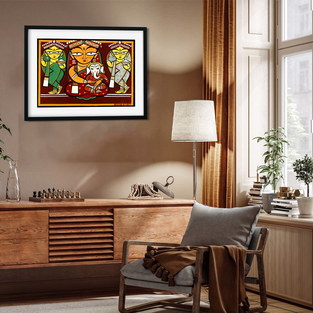 Parvati and Ganesha Jamini Roy Painting 3 : 2 Horizontal Premium Wall Art Canvas by MeriDeewar