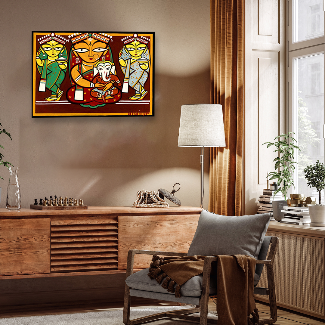 Parvati and Ganesha Jamini Roy Painting 3 : 2 Horizontal Premium Wall Art Canvas by MeriDeewar