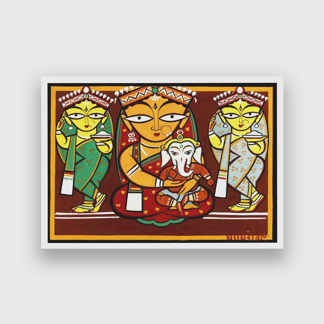 Parvati and Ganesha Jamini Roy Painting 3 : 2 Horizontal Premium Wall Art Canvas by MeriDeewar