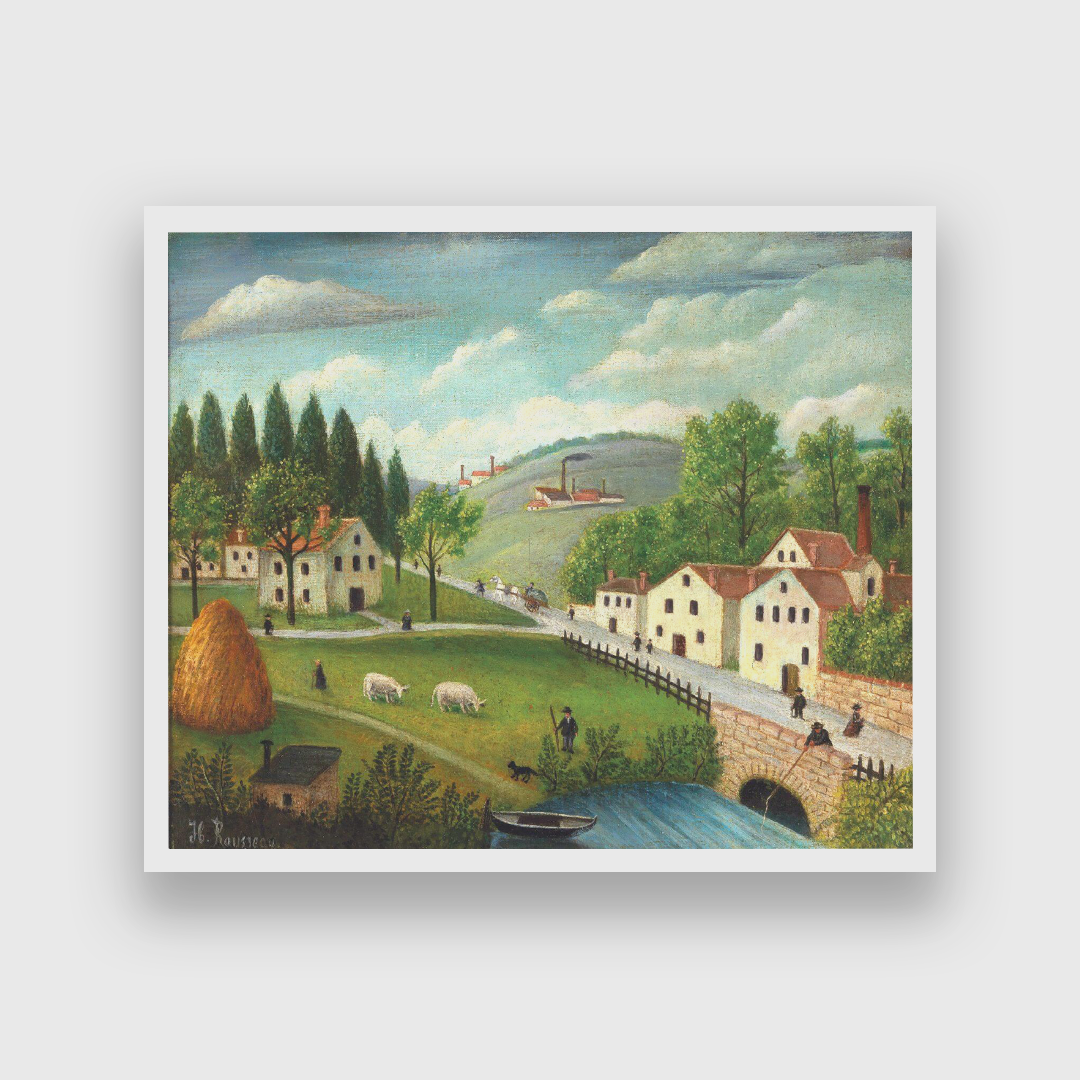 Pastoral Landscape with Stream Fisherman and Stroller Painting 5 : 4 Horizontal Premium Wall Art Canvas by MeriDeewar
