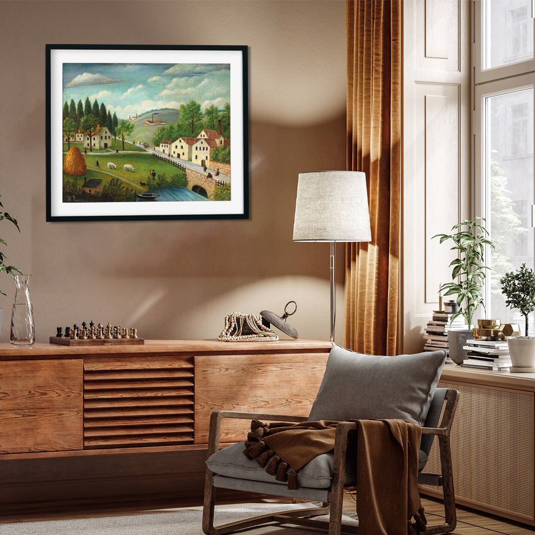 Pastoral Landscape with Stream Fisherman and Stroller Painting 5 : 4 Horizontal Premium Wall Art Canvas by MeriDeewar