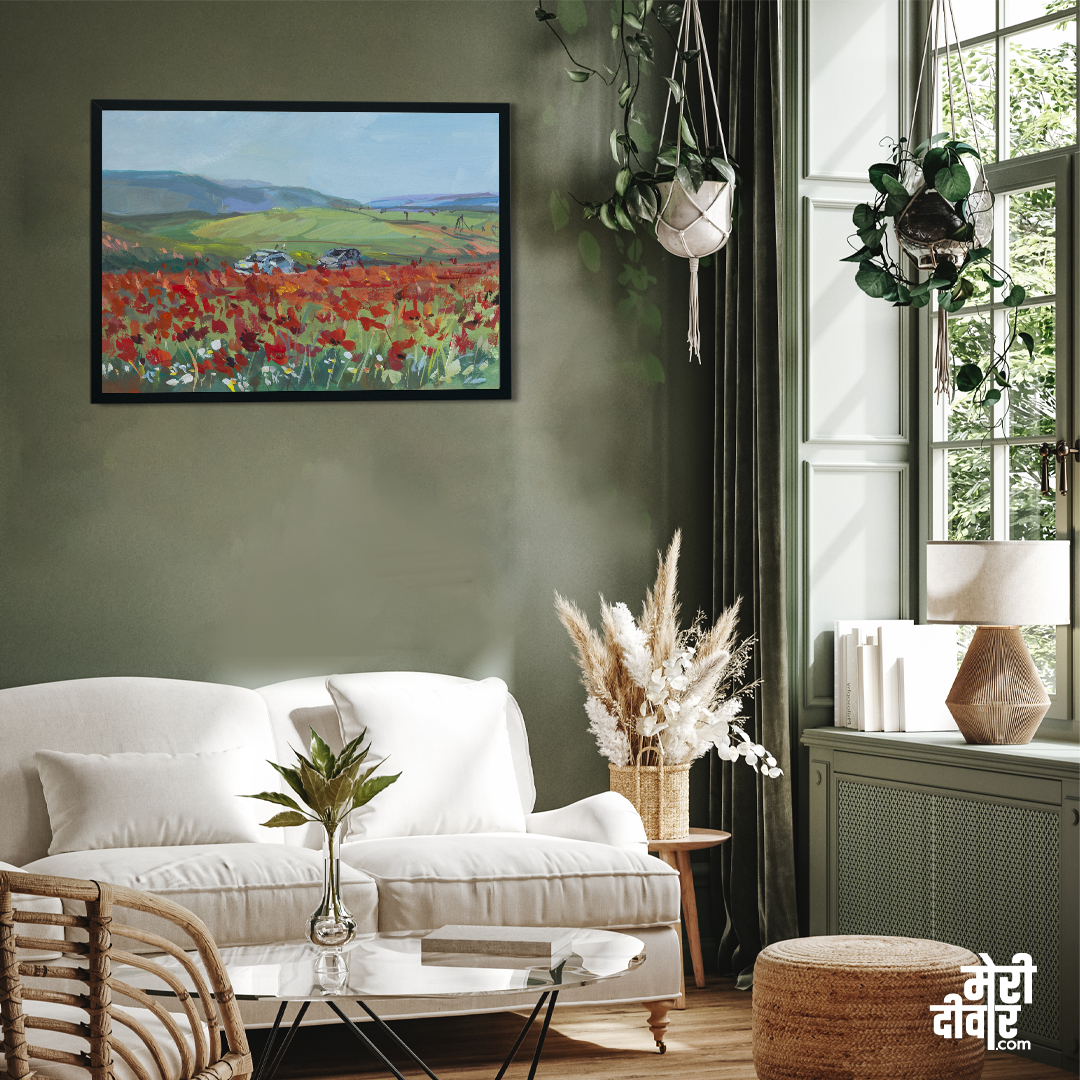 Poppy Field Gouache Painting 3 : 2 Horizontal Premium Wall Art Canvas by MeriDeewar