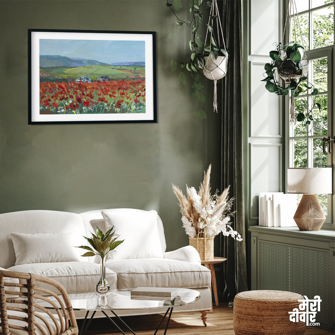 Poppy Field Gouache Painting 3 : 2 Horizontal Premium Wall Art Canvas by MeriDeewar