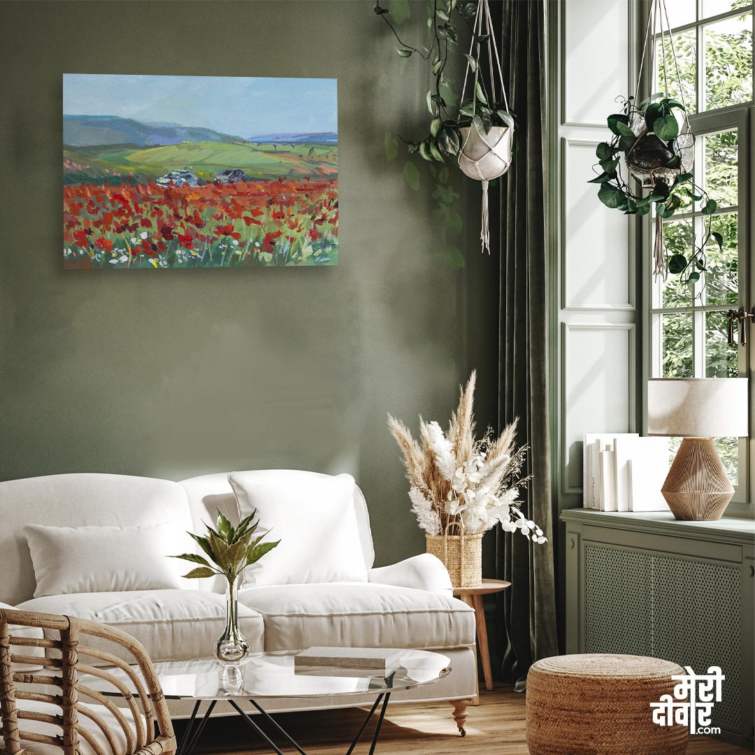 Poppy Field Gouache Painting 3 : 2 Horizontal Premium Wall Art Canvas by MeriDeewar