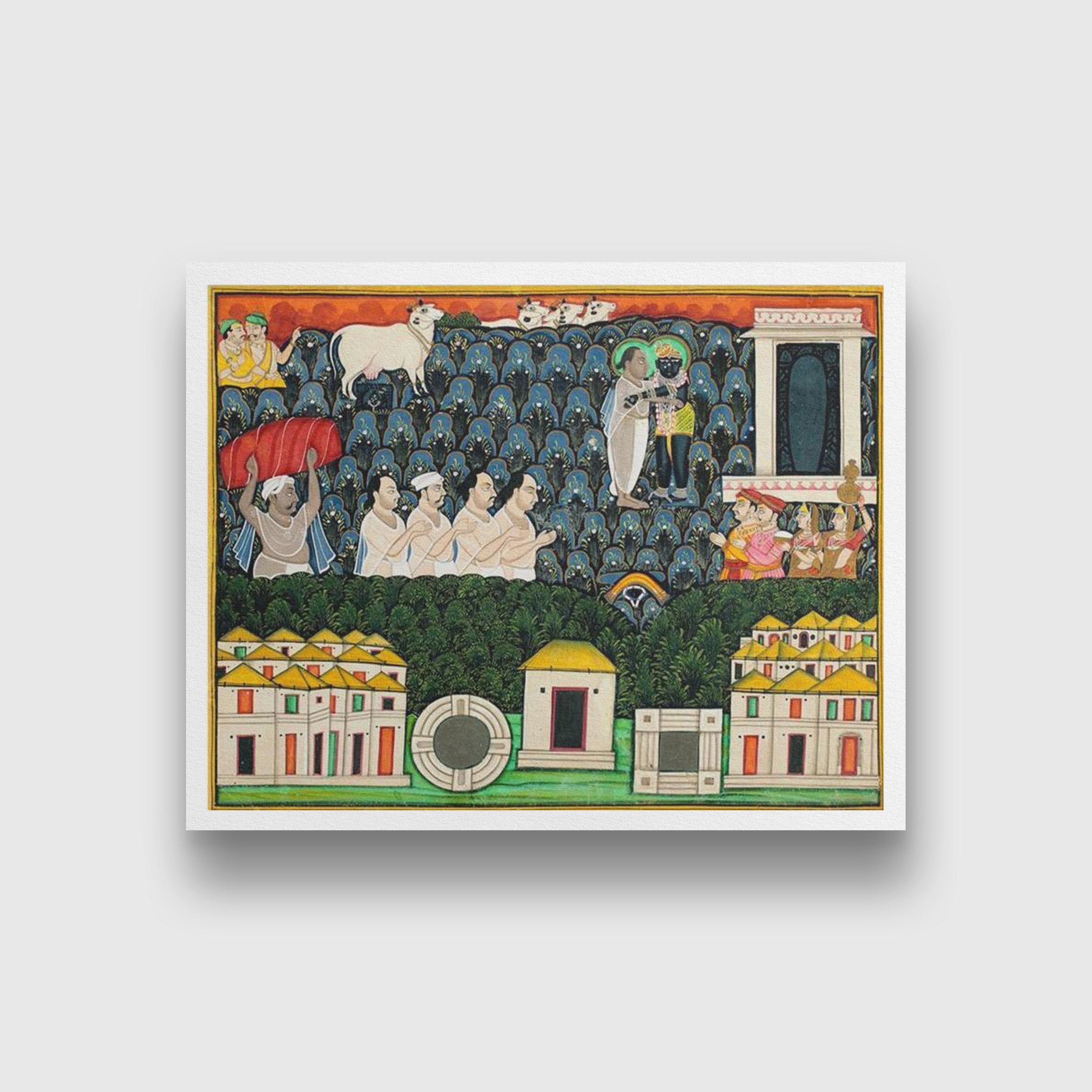 Pratham_Milan_Shrinathji_Revealing_Himself_to_Vallabhacharya_on_Mount_Govardhan Painting - Meri Deewar 4 : 3 Horizontal Premium Wall Art Canvas by MeriDeewar