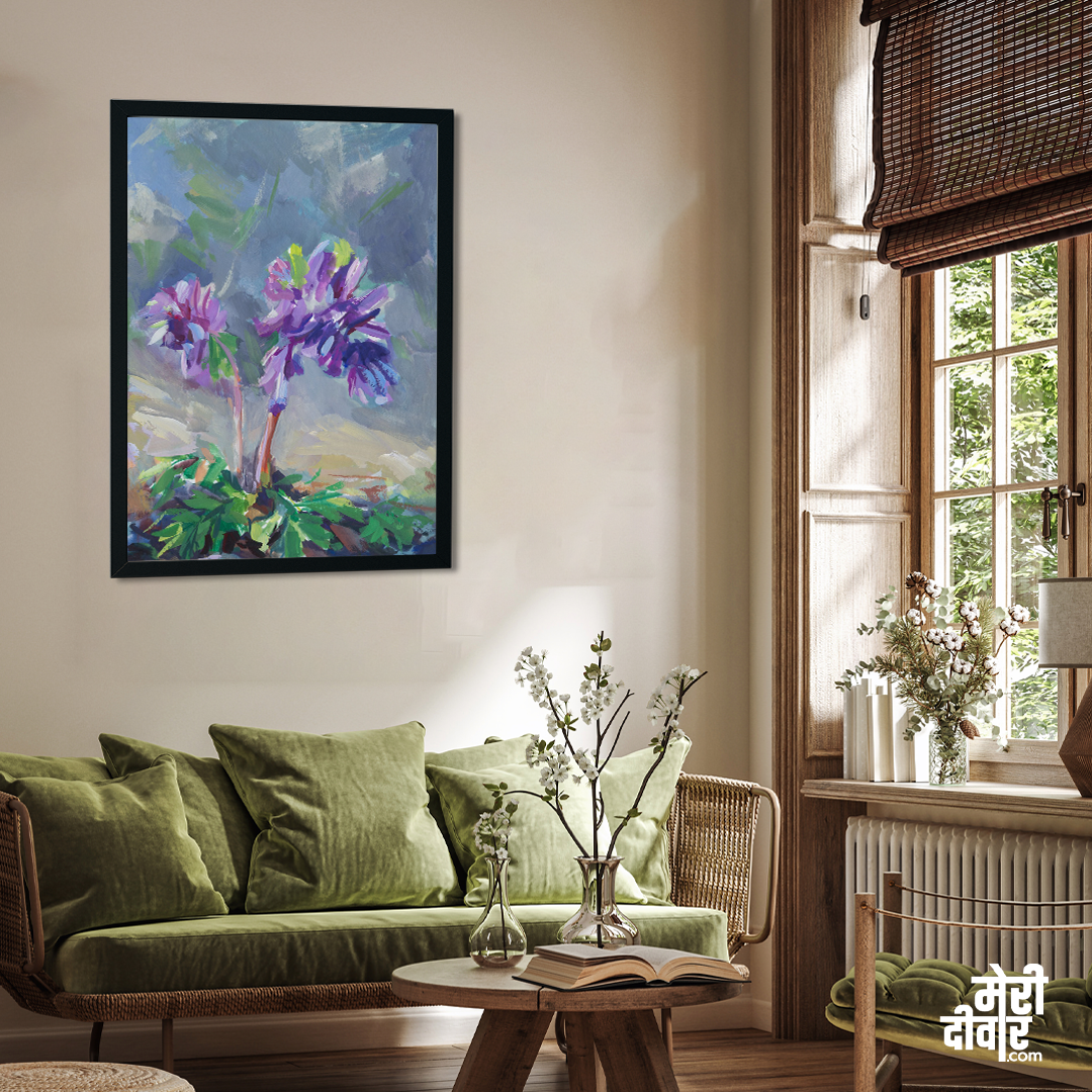 Purple Gouache Flowers Corydalis Painting 2 : 3 Vertical Premium Wall Art Canvas by MeriDeewar