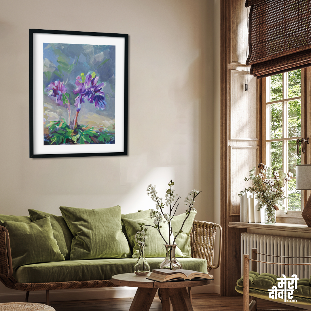 Purple Gouache Flowers Corydalis Painting 2 : 3 Vertical Premium Wall Art Canvas by MeriDeewar