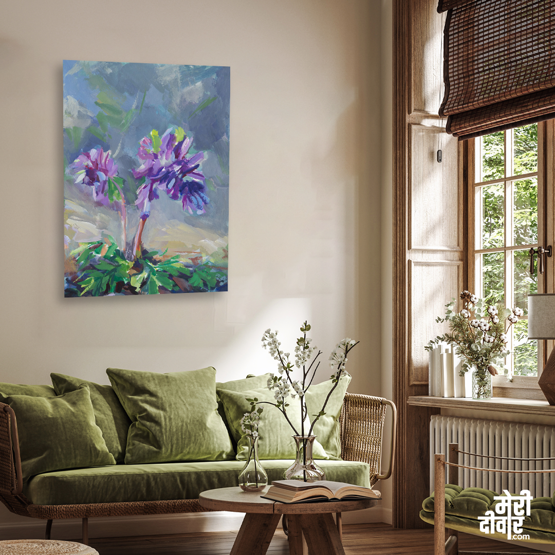 Purple Gouache Flowers Corydalis Painting 2 : 3 Vertical Premium Wall Art Canvas by MeriDeewar