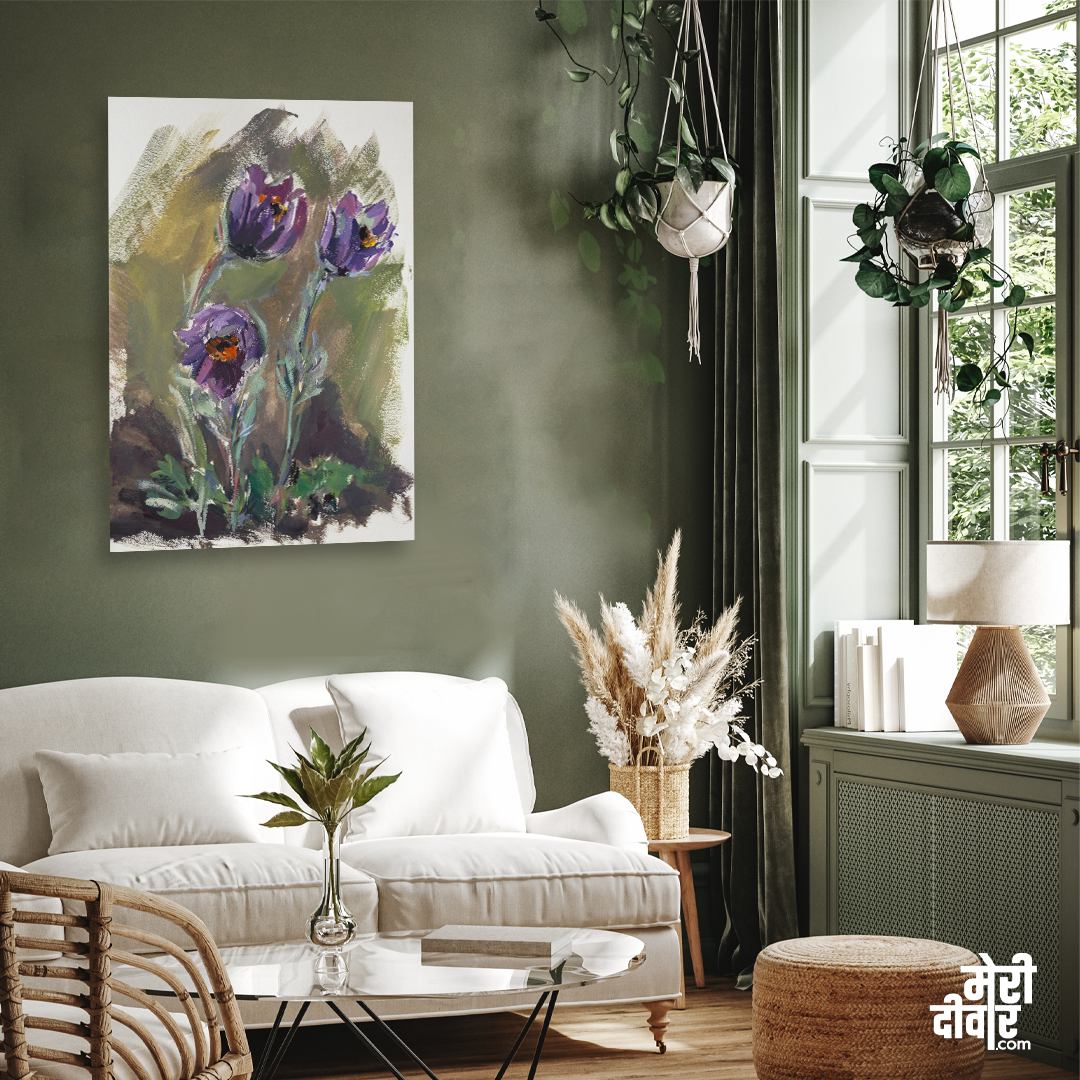 Purple Gouache Flowers Modern Art Painting 2 : 3 Vertical Premium Wall Art Canvas by MeriDeewar
