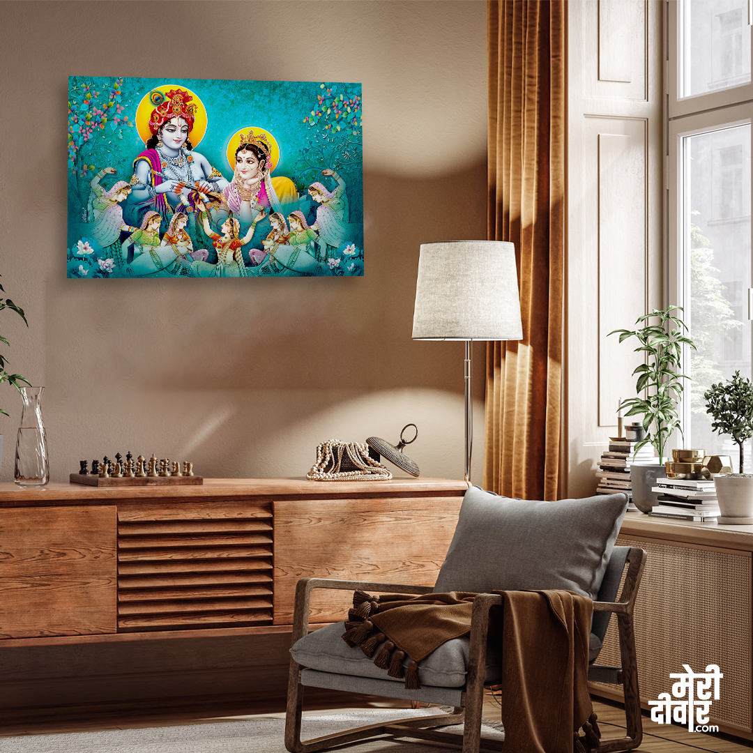 Radha Krishna Big Panoramic Wall Painting 3 : 2 Horizontal Premium Wall Art Canvas by MeriDeewar