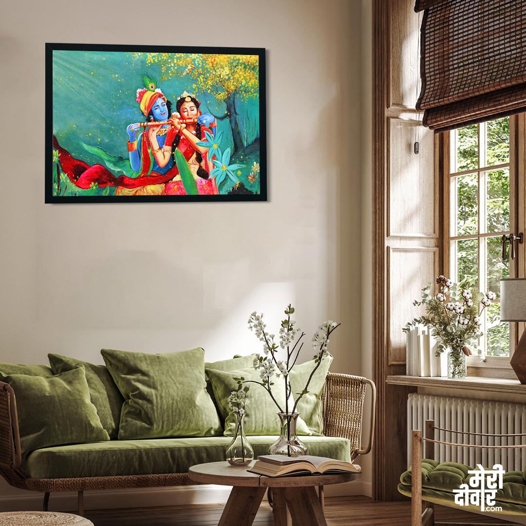 Radha Krishna With Flute in Garden Wall Painting 3 : 2 Horizontal Premium Wall Art Canvas by MeriDeewar