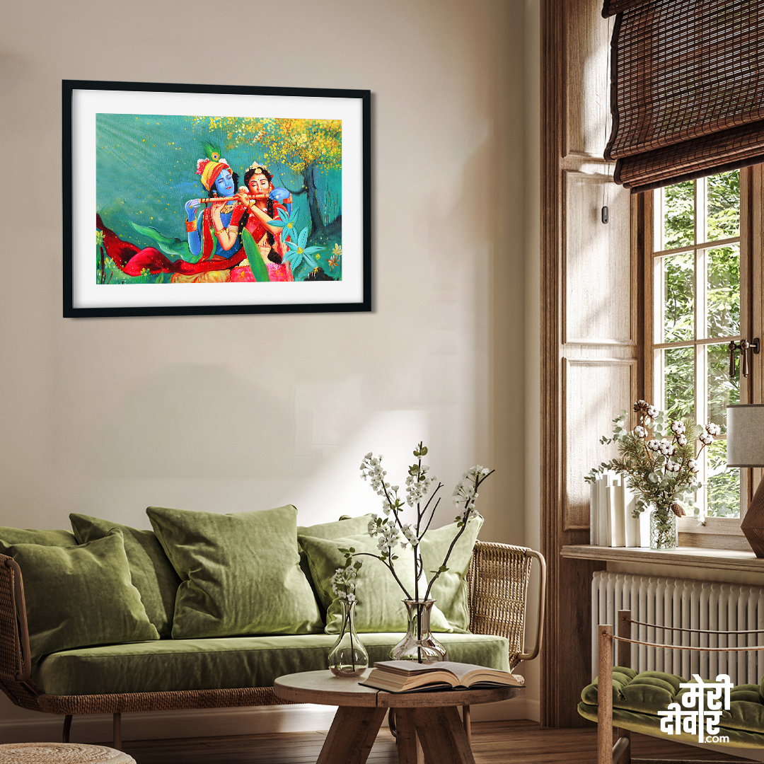 Radha Krishna With Flute in Garden Wall Painting 3 : 2 Horizontal Premium Wall Art Canvas by MeriDeewar
