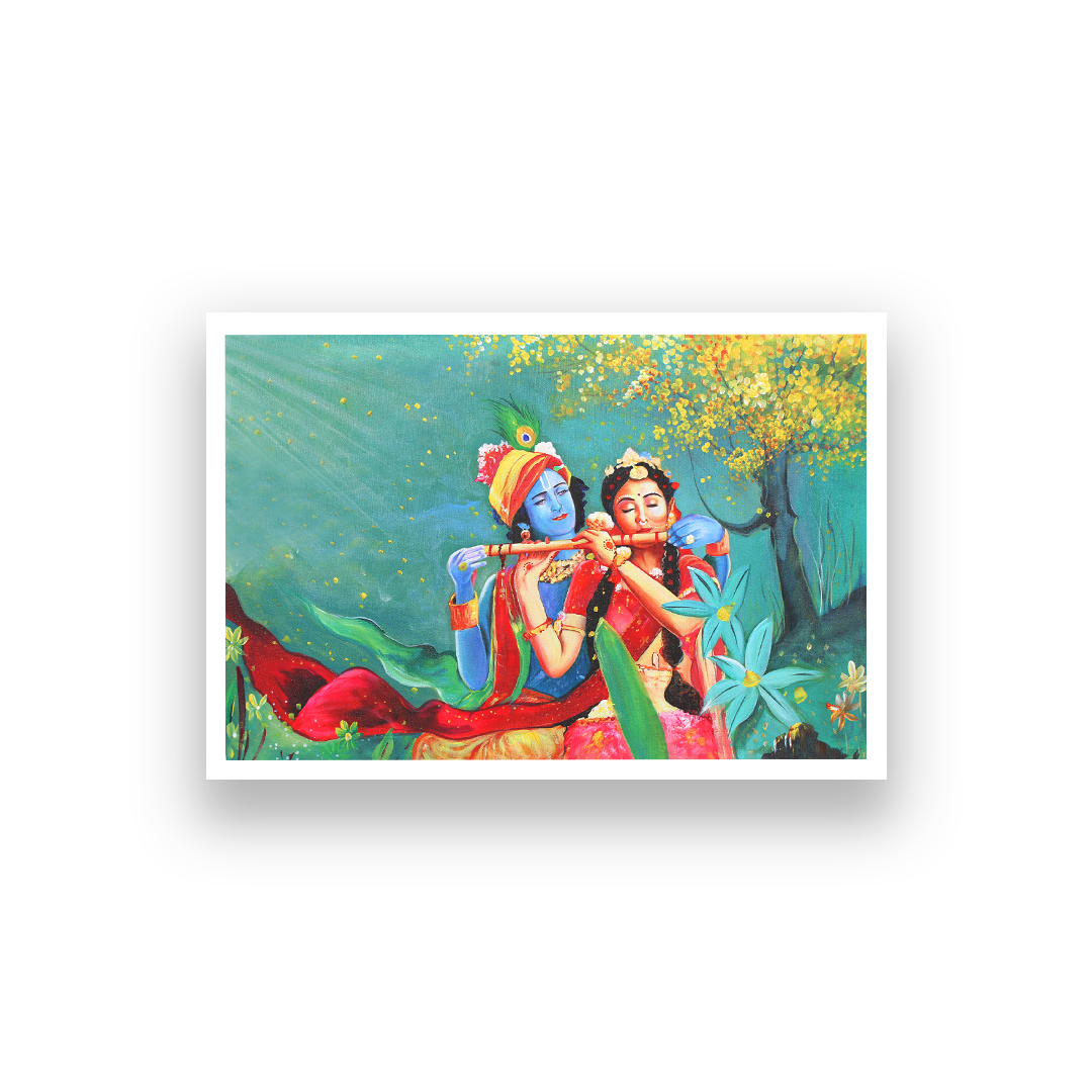 Radha Krishna With Flute in Garden Wall Painting 3 : 2 Horizontal Premium Wall Art Canvas by MeriDeewar