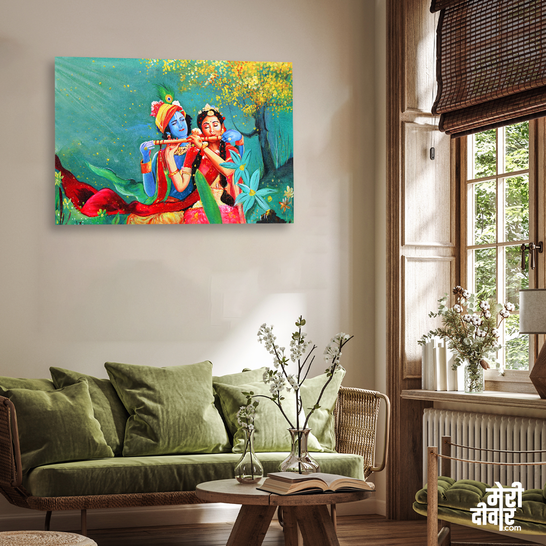 Radha Krishna With Flute in Garden Wall Painting 3 : 2 Horizontal Premium Wall Art Canvas by MeriDeewar
