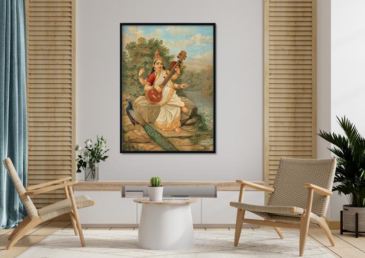 Raja Ravi Varma Saraswati Painting 4 X 5.5 Vertical Premium Wall Art Canvas by MeriDeewar