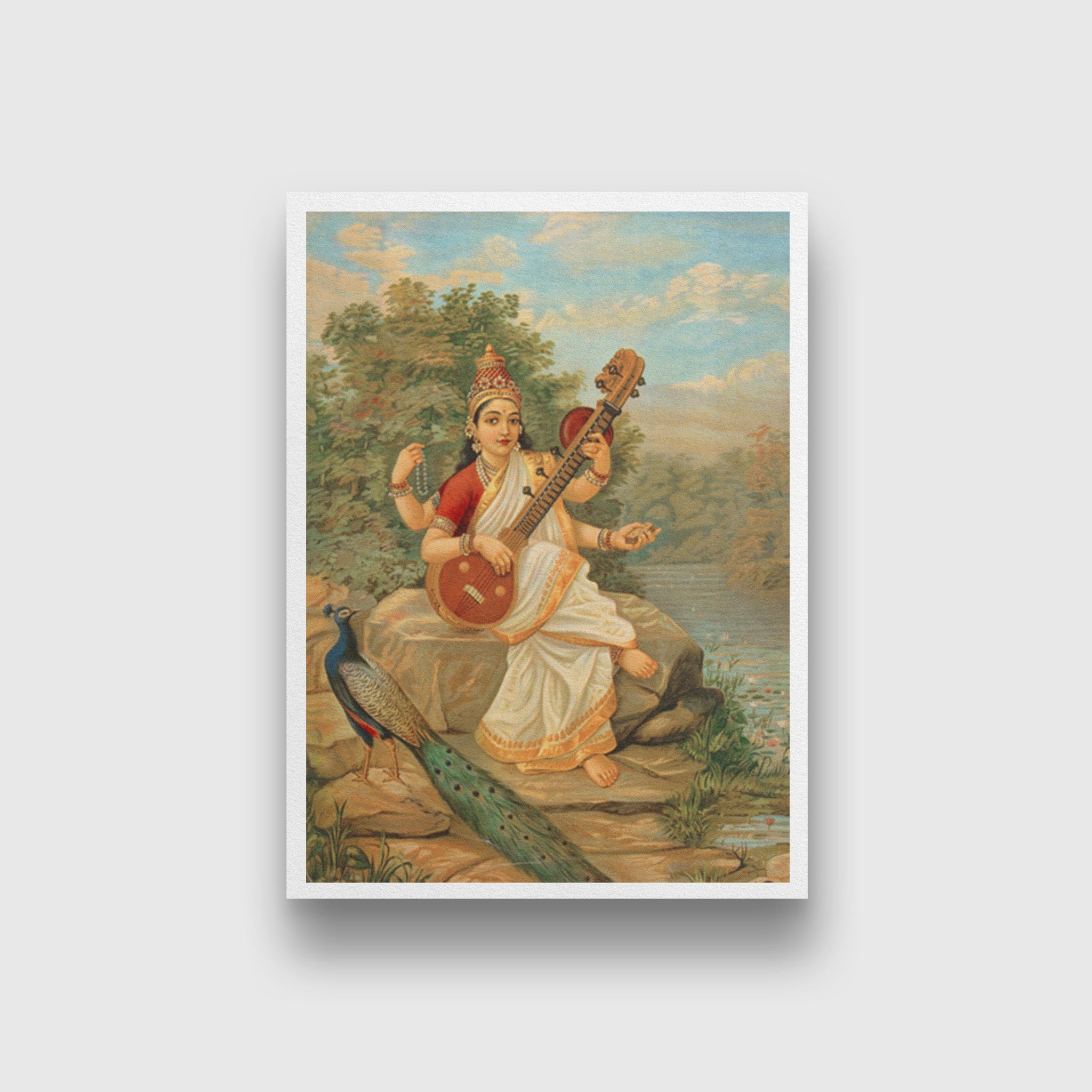 Raja Ravi Varma Saraswati Painting 4 X 5.5 Vertical Premium Wall Art Canvas by MeriDeewar