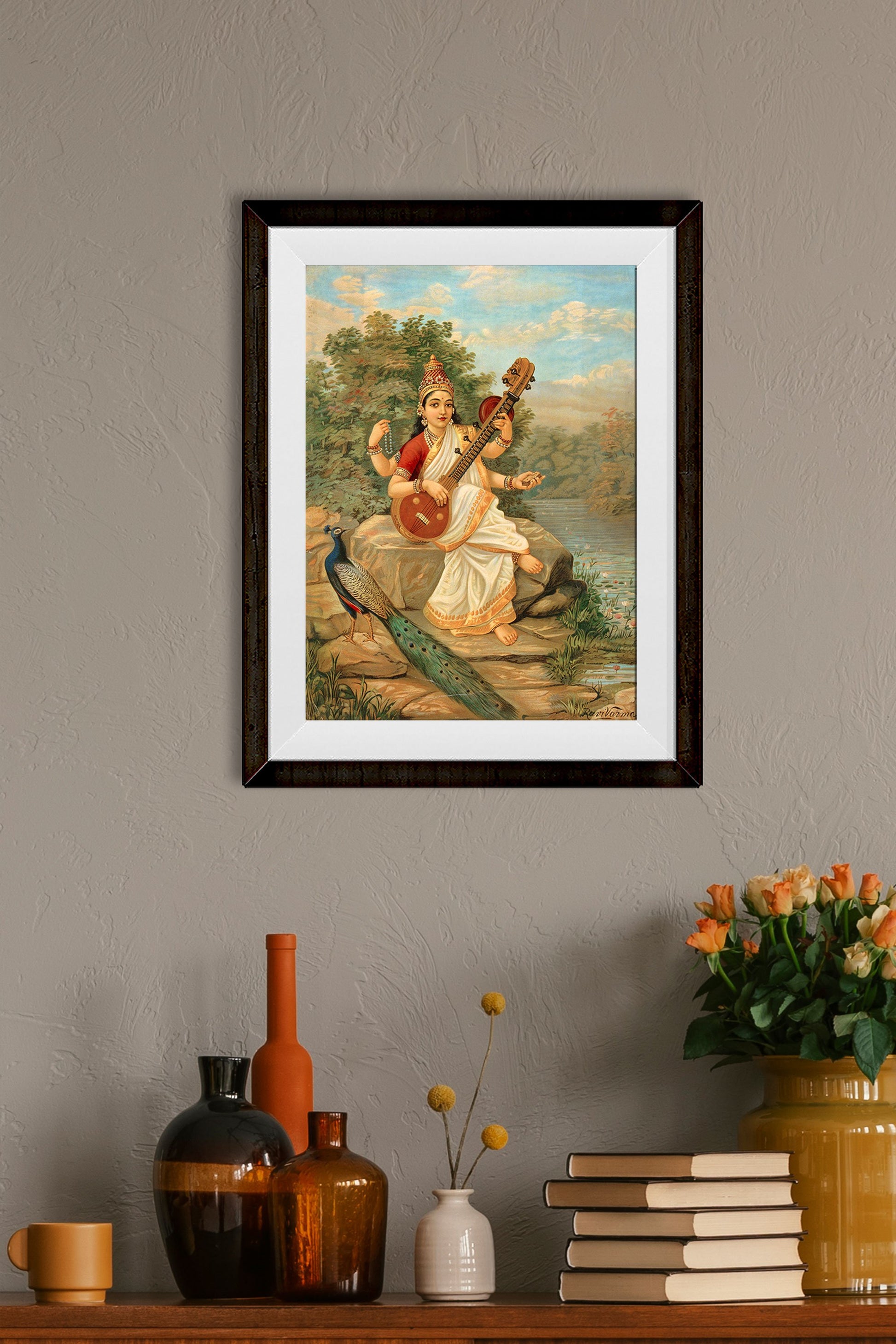 Raja Ravi Varma Saraswati Painting 4 X 5.5 Vertical Premium Wall Art Canvas by MeriDeewar