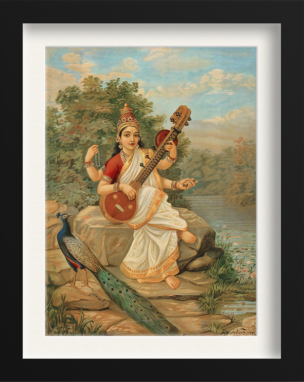 Raja Ravi Varma Saraswati Painting 4 X 5.5 Vertical Premium Wall Art Canvas by MeriDeewar