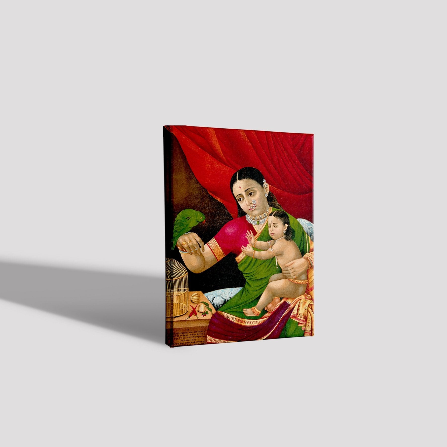Rama and his mother with a parrot Painting - Meri Deewar 3 : 4 Vertical Premium Wall Art Canvas by MeriDeewar