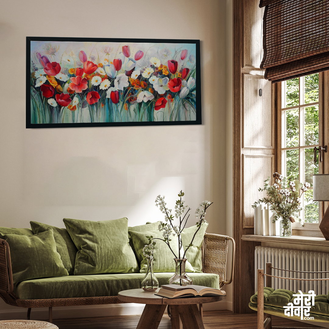Red and White Tulips Flower Wall Painting 4 : 3 Horizontal Premium Wall Art Canvas by MeriDeewar