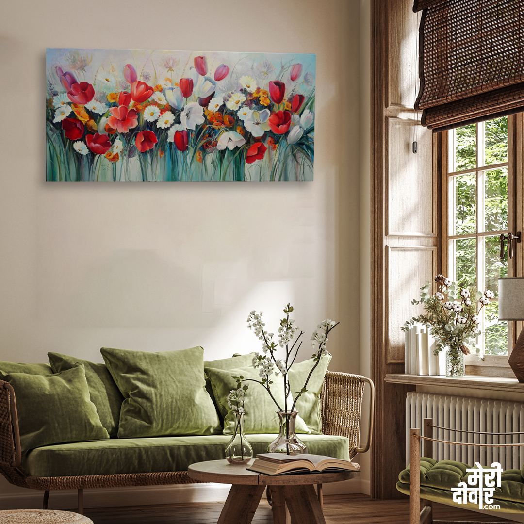 Red and White Tulips Flower Wall Painting 4 : 3 Horizontal Premium Wall Art Canvas by MeriDeewar