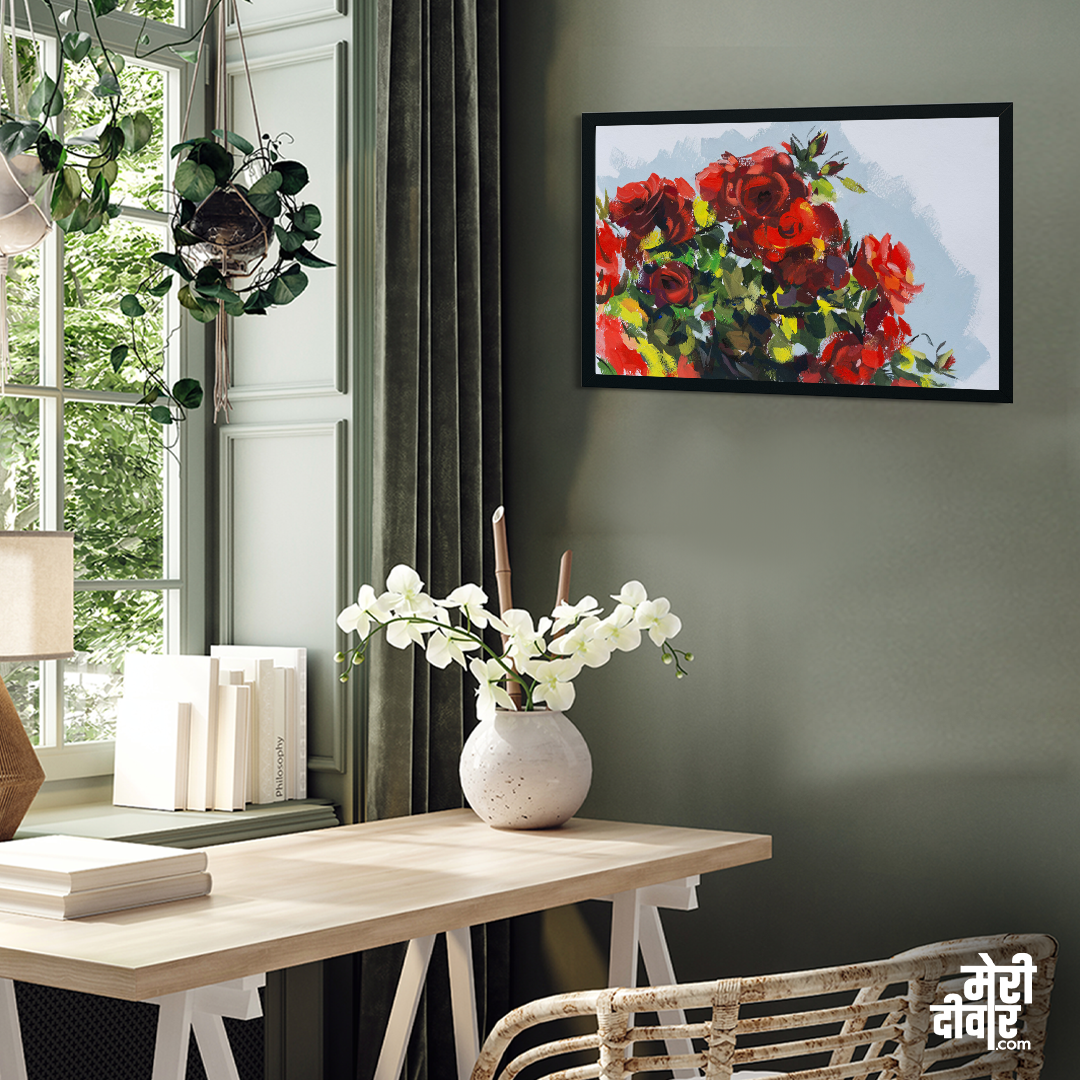 Red Roses Gouache Painting 3 : 2 Horizontal Premium Wall Art Canvas by MeriDeewar