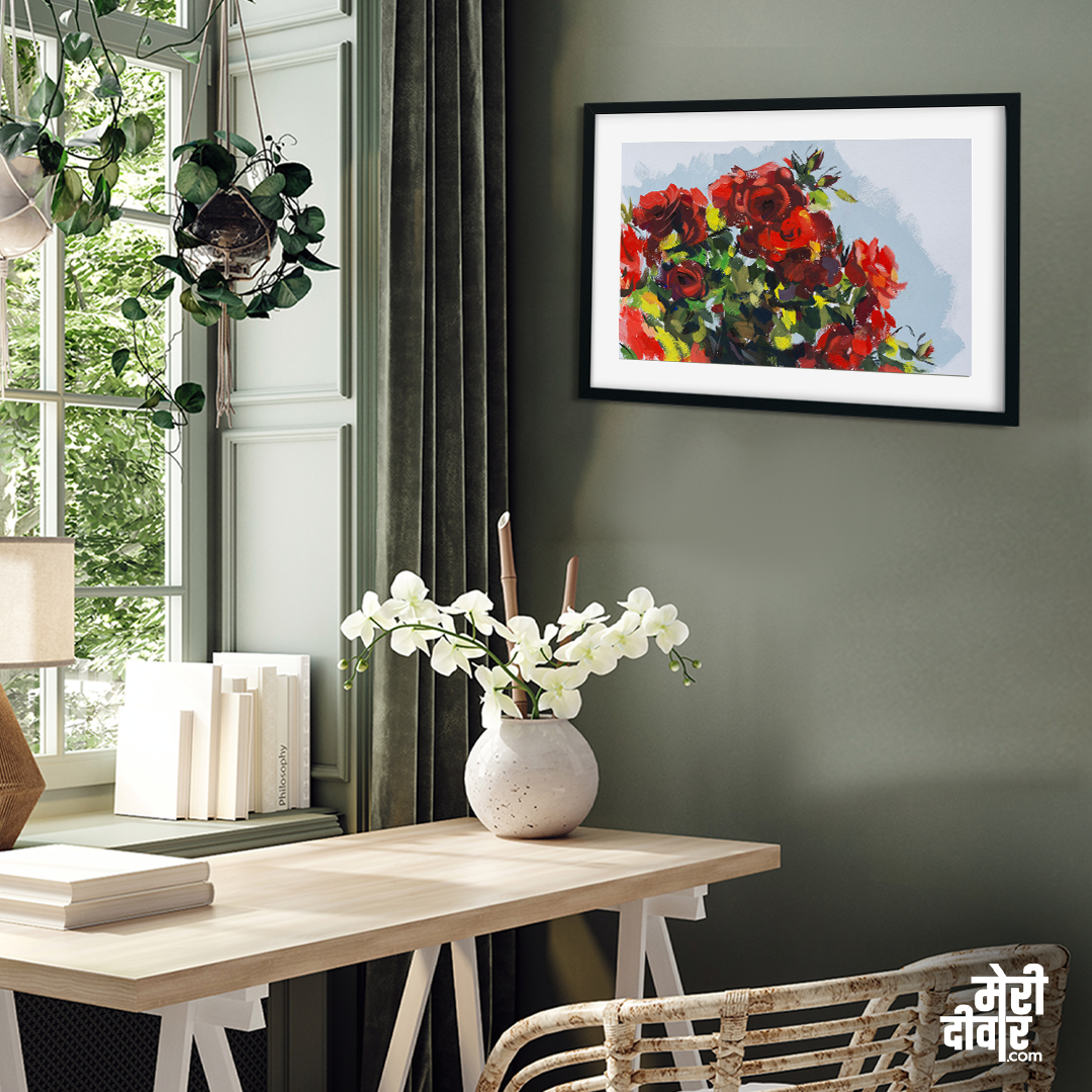 Red Roses Gouache Painting 3 : 2 Horizontal Premium Wall Art Canvas by MeriDeewar
