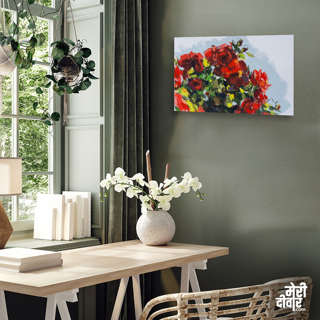 Red Roses Gouache Painting 3 : 2 Horizontal Premium Wall Art Canvas by MeriDeewar