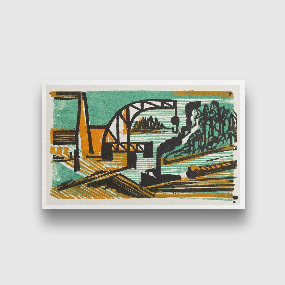 River Landscape with Crane and Barges Painting MeriDeewar 3 : 2 Horizontal Premium Wall Art Canvas by MeriDeewar