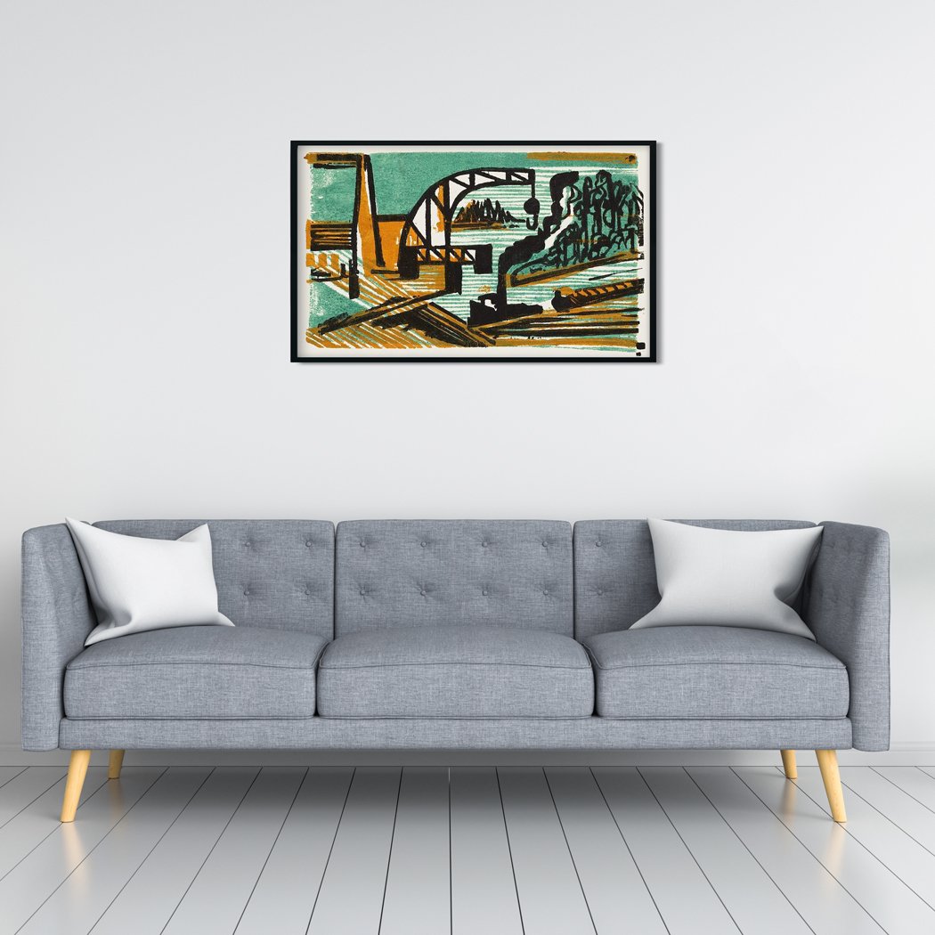 River Landscape with Crane and Barges Painting MeriDeewar 3 : 2 Horizontal Premium Wall Art Canvas by MeriDeewar
