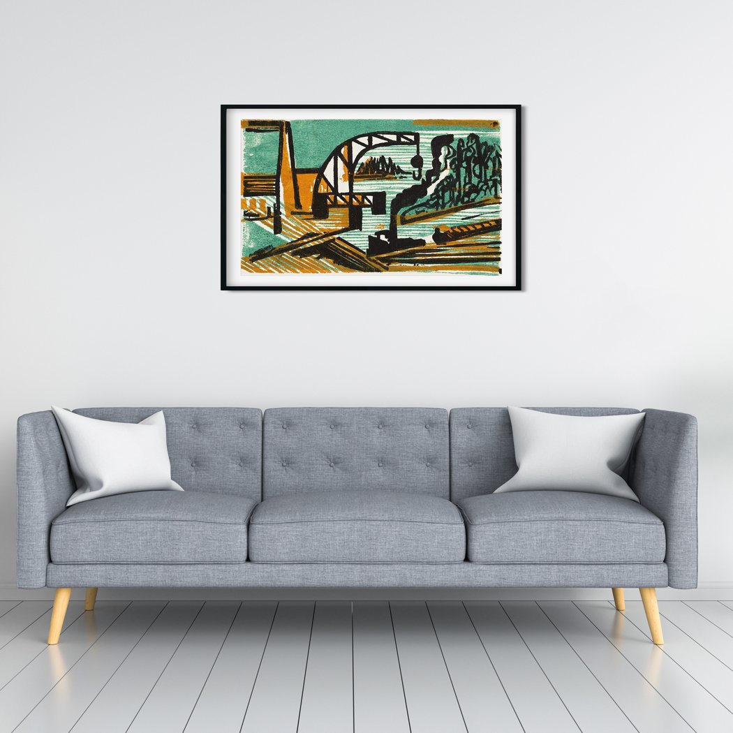 River Landscape with Crane and Barges Painting MeriDeewar 3 : 2 Horizontal Premium Wall Art Canvas by MeriDeewar